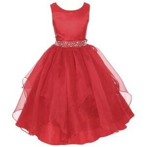 RED Size 14 Satin Girl Dress Party Wedding Hankerchief Ruffle Organza Skirt